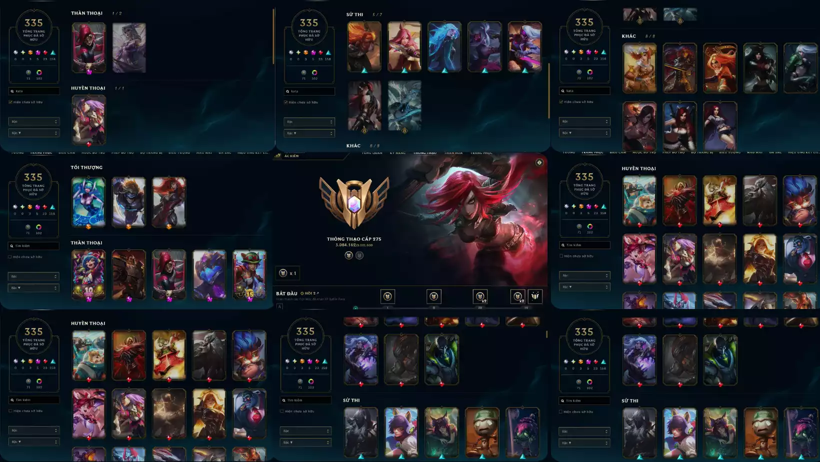Ảnh 🎮 LMHT: Katarina 3 Triệu Thông Thạo – Gần Full Skin Katarina (15/18) Tổng cộng: 335 Skin Rank Đơn/Đôi: Lục Bảo 1, LH 5v5: Kim Cương 2 Biểu cảm, biểu tượng, khung Thách Đấu Nhiều cờ hiệu hiếm 🧠 TFT: Blitz Mãi Bên Crank Bạn Nhé Tí Nị Irelia Sứ Thanh Hoa Tí Nị Sân đỏ + chưởng lực đầy đủ Dư 13 huy chương